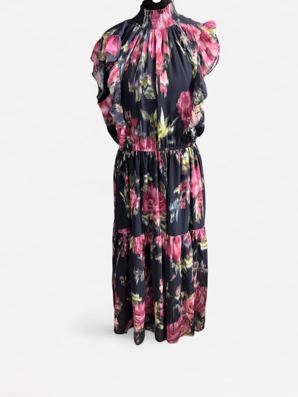 NWT Eve Madden Navy Floral Smocked Mock Neck Ruffle Sleeve Maxi Dress XL - Picture 2 of 8